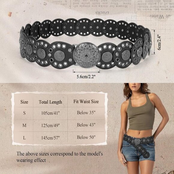 Women Vintage Disc Waist Belts Concho Leather Belts Boho Waist Belt Black Buckle main image 5